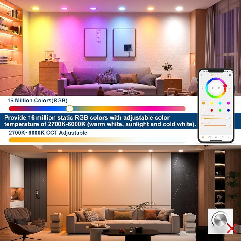 SikSog Black Smart Recessed Lighting 6 Inch RGBCW Color Changing 16W LED Downlight with Junction Box,1350 Lumen Recessed Ceiling Light Compatible with Alexa,Dimmable by Bluetooth Control -6Pack - Image 4